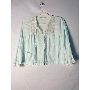 Vintage 50s-60s Mint Green Peignoir Sheer Top w/ Lace Floral Embroidery Details